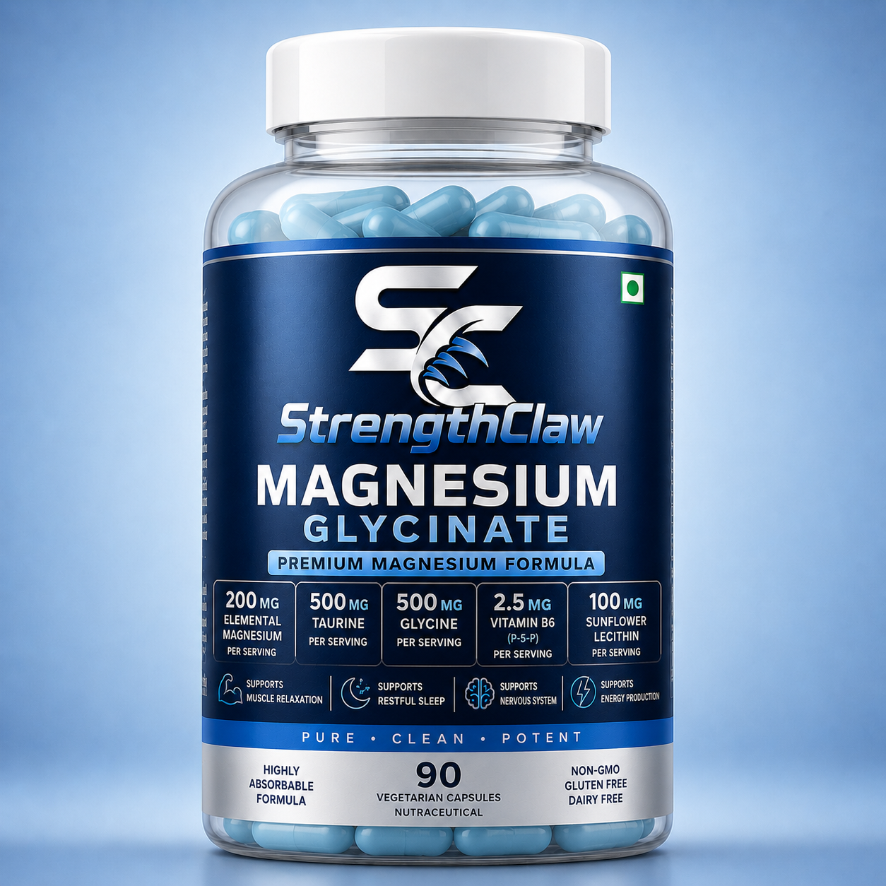 Magnesium Glycinate | 200mg Elemental Magnesium | With Taurine, Glycine & Vitamin B6 | 90 Vegetarian Capsules