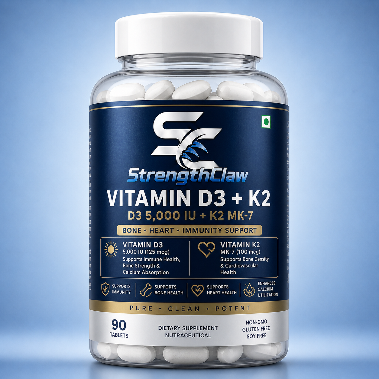 Vitamin D3 + K2 MK-7 | 5,000 IU (125 mcg) Vitamin D3 + 100 mcg Vitamin K2 | Bone, Heart & Immune Support | Non-GMO, Gluten-Free | 90 Tablets
